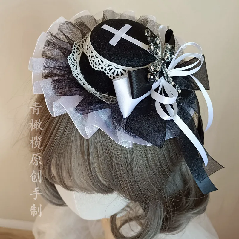 

Заколка для волос в стиле Лолита Dark Goth, аксессуары для косплея монахини, черно-белый цилиндр с крестом, головной убор в стиле Лолита