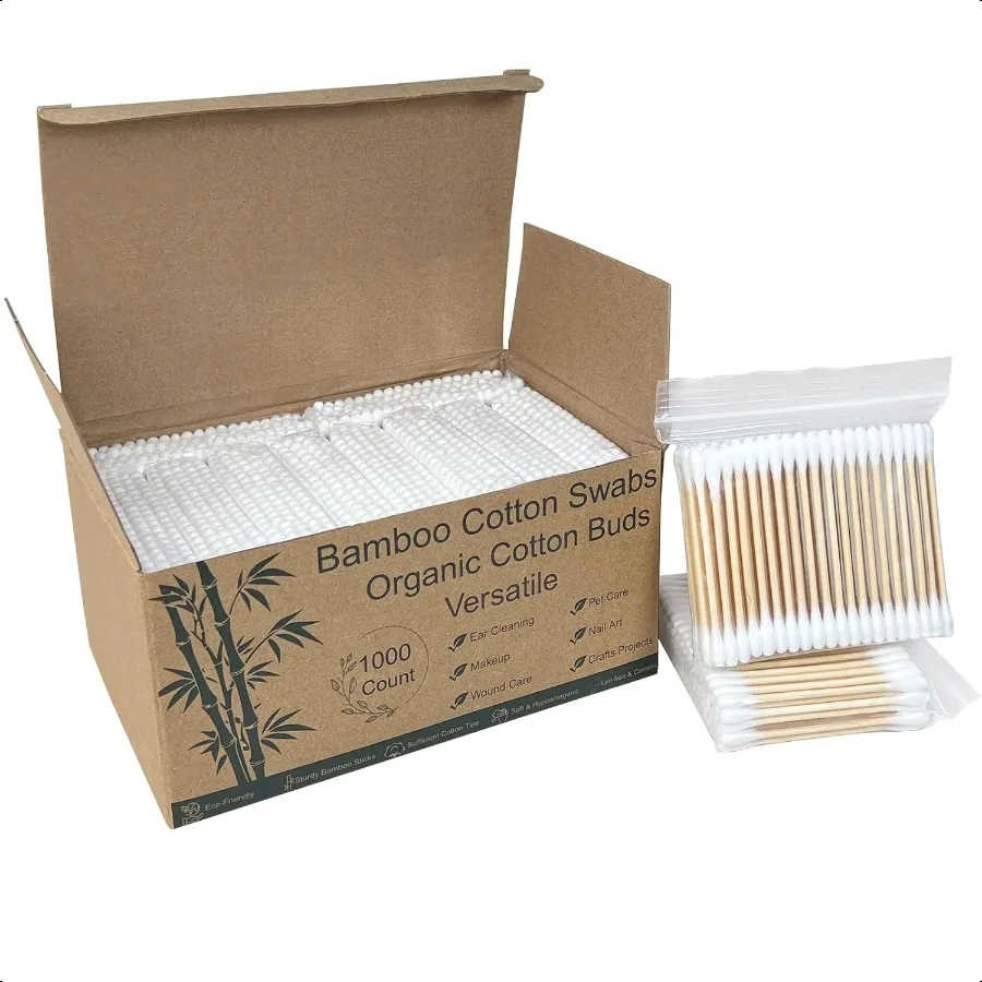 1000 Count Wooden Cotton Swabs Sustainable Bamboo Sticks Soft Tips Natural Organic Cotton Buds for Ear Cleaning Makeup Removal