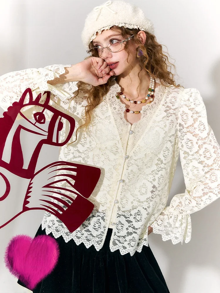 

Ele V-Ne Lace irt Women's Hollow out Layering Top Spring Faion Casual Sle Long Sve Button down Cardigan