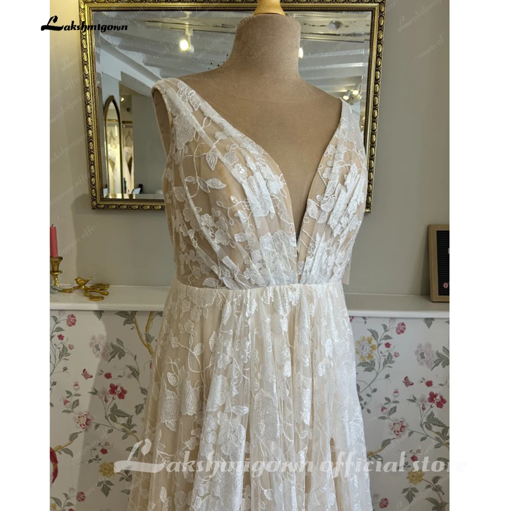 Lakshmigown Champagnerfarbenes Plus-Size-Hochzeitskleid mit abnehmbaren Fledermausärmeln, V-Ausschnitt, Spitze, Hofschleppe, Brautkleid nach Maß – Detail 10
