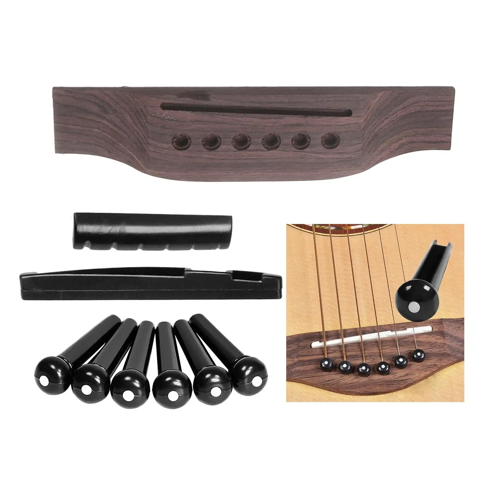 Zestaw naprawczy do gitary akustycznej, zawierający 1 drewniany mostek gitarowy, 6 plastikowych kołków, 1 siodełko i 1 nakrętkę do gitary 6-strunowej.