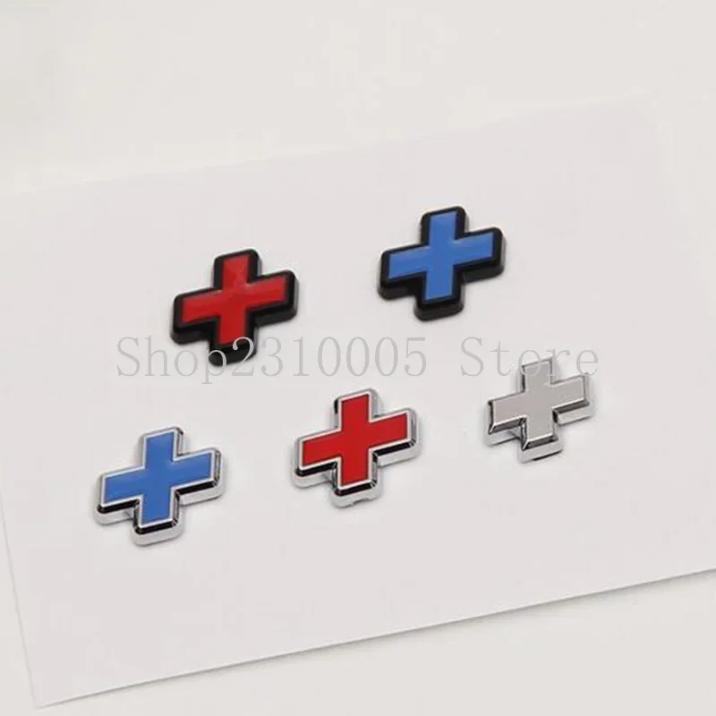 2pcs Cross Symbol Metal Car Emblem Styling Refitting Upgrade + Plus Mark Trunk Badge Logo Sticker Black Red Blue Dual Colors