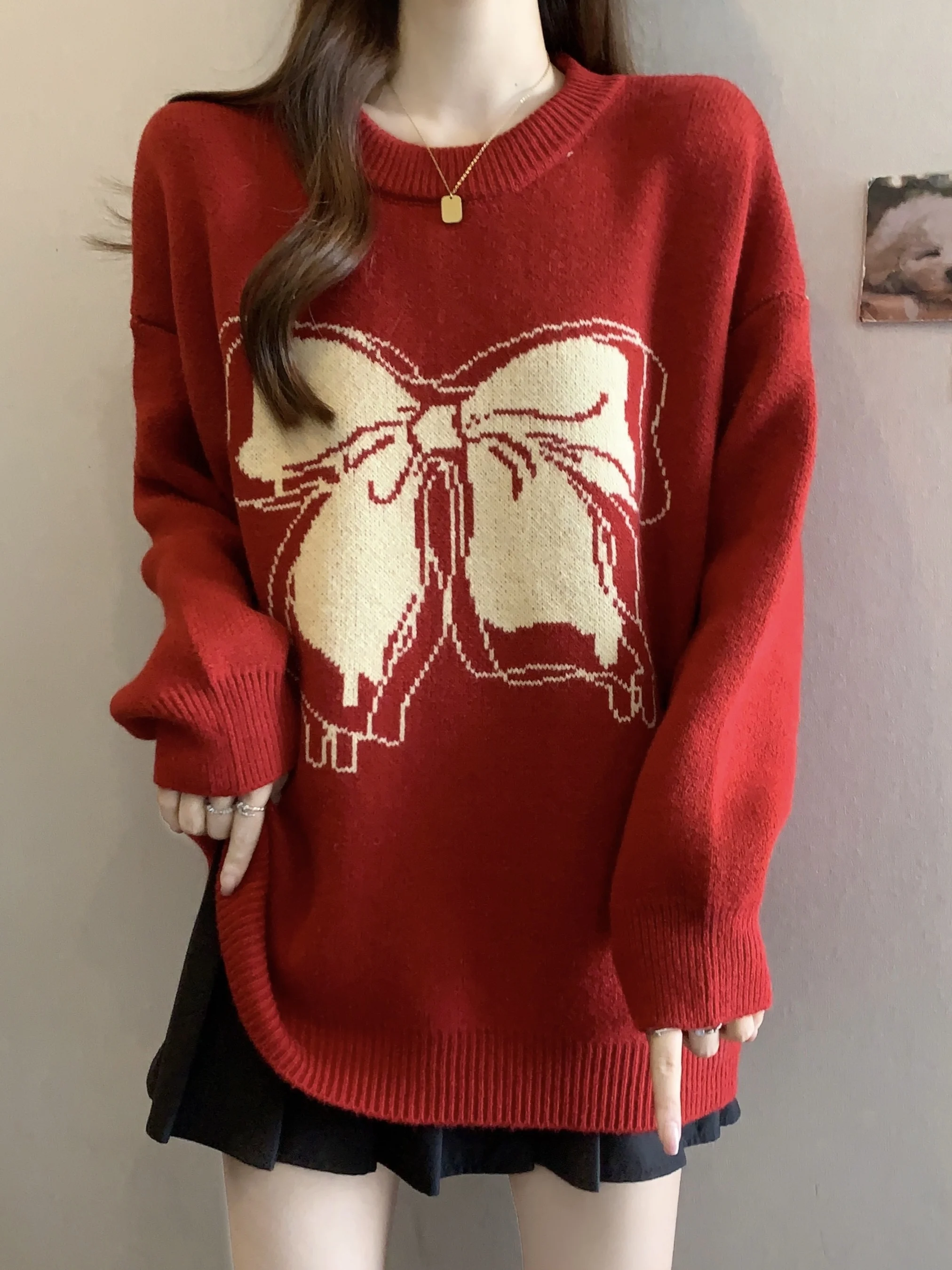 

plus Size Women's Red Knitted Sweater with Knot round Ne Loose Fit Autumn Winter Faion Sweet Sle Princ Cut