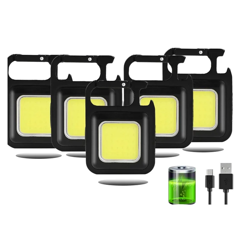 Mini Square LED Keychain Light MultiFunction Pocket Work Light Portable USB Rechargeable Torch with Corkscrew Camping Fishing