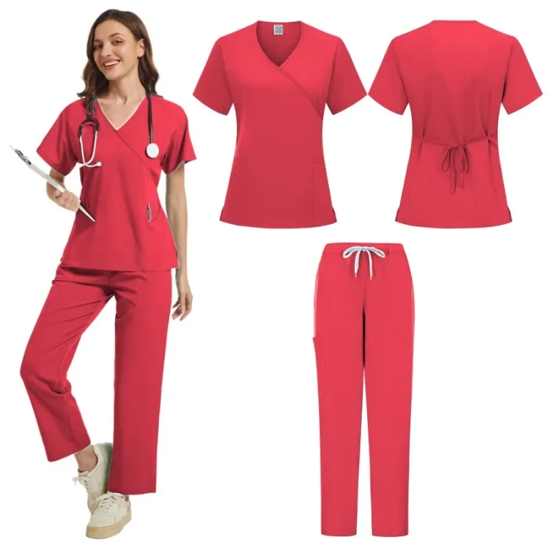 Uniforme medica Trendy women's Scrub Set Stretch Soft Y-Neck Top Pants Hospital Pet Clinic Doctor Costume colori a contrasto