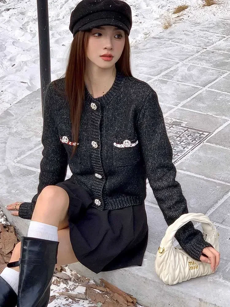 chic diamonds women cardigan sweaters elegant fashion long sleeve knitted short jacket korean casual design female fall top