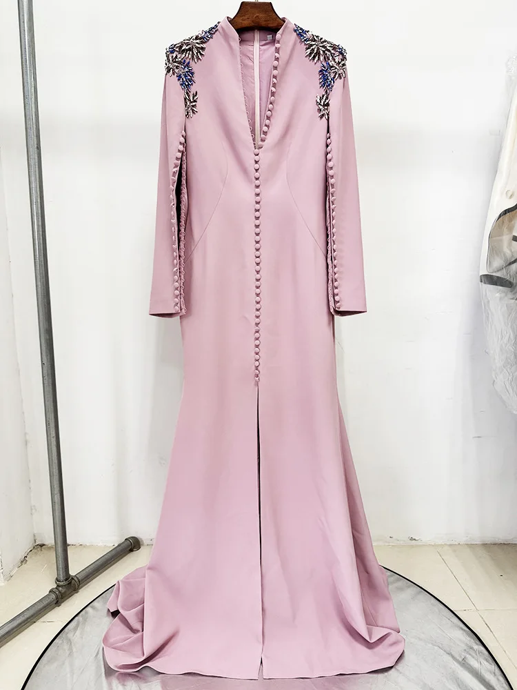 HIGH STREET Newest Fashion 2025 Designer Women's Diamonds Beaded Split Long Maxi Dress