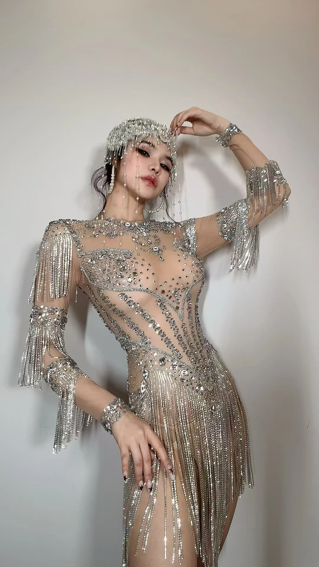 Women High-end Sparkly Rhinestone Tassel Bodysuit Party Stage Performance Sexy Bodysuit Dance Wear Latino Dance Dress Yixing