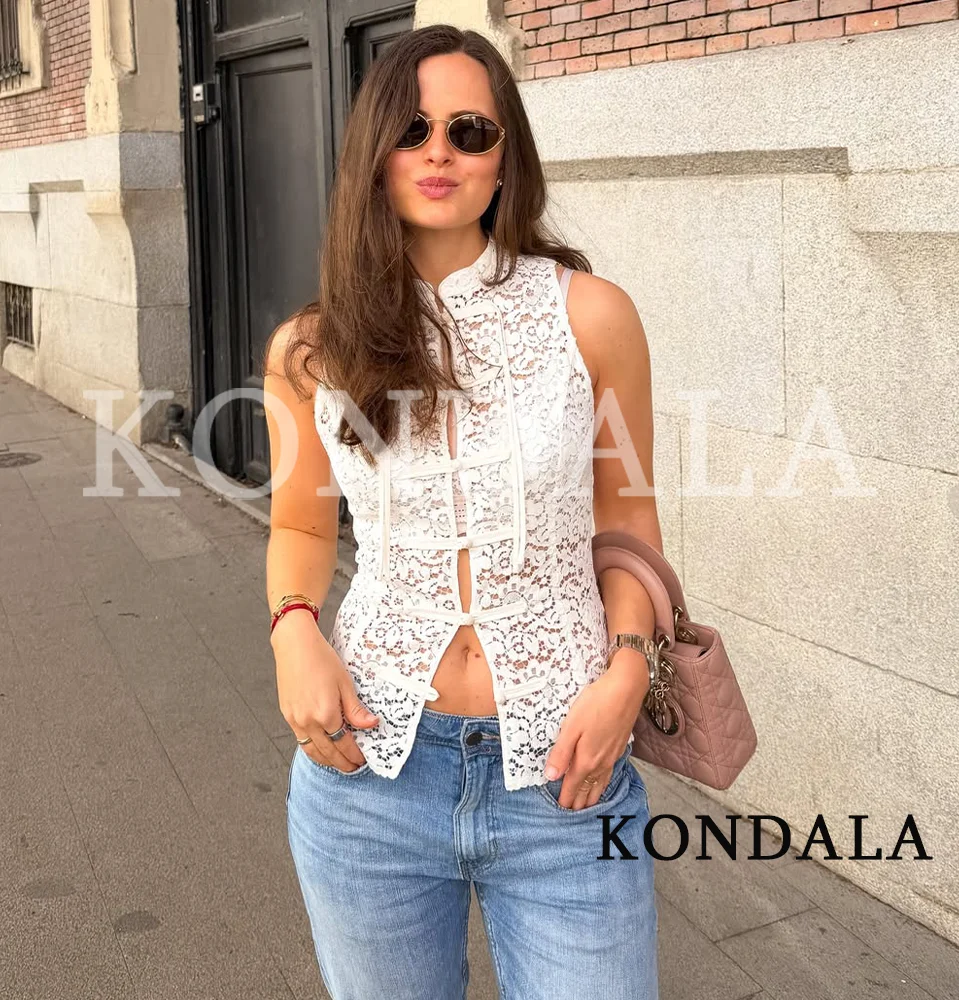 KONDALA Damen Chic Spitzenweste Sommer Trendige High-Street Sexy Slim Weste Neu 2026 Damen Urlaubsknöpfe Geprägte Ärmellose Weste