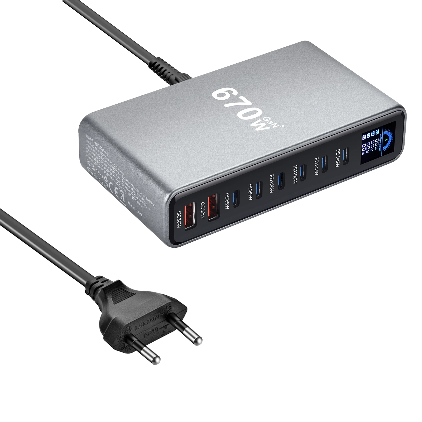 Neues 670W GaN-Ladegerät mit Display, Desktop-Schnellladestation, 140W USB-C-Anschluss, 8-Port-Ladegerät, geeignet für Handys, Tablets. – Detail 9