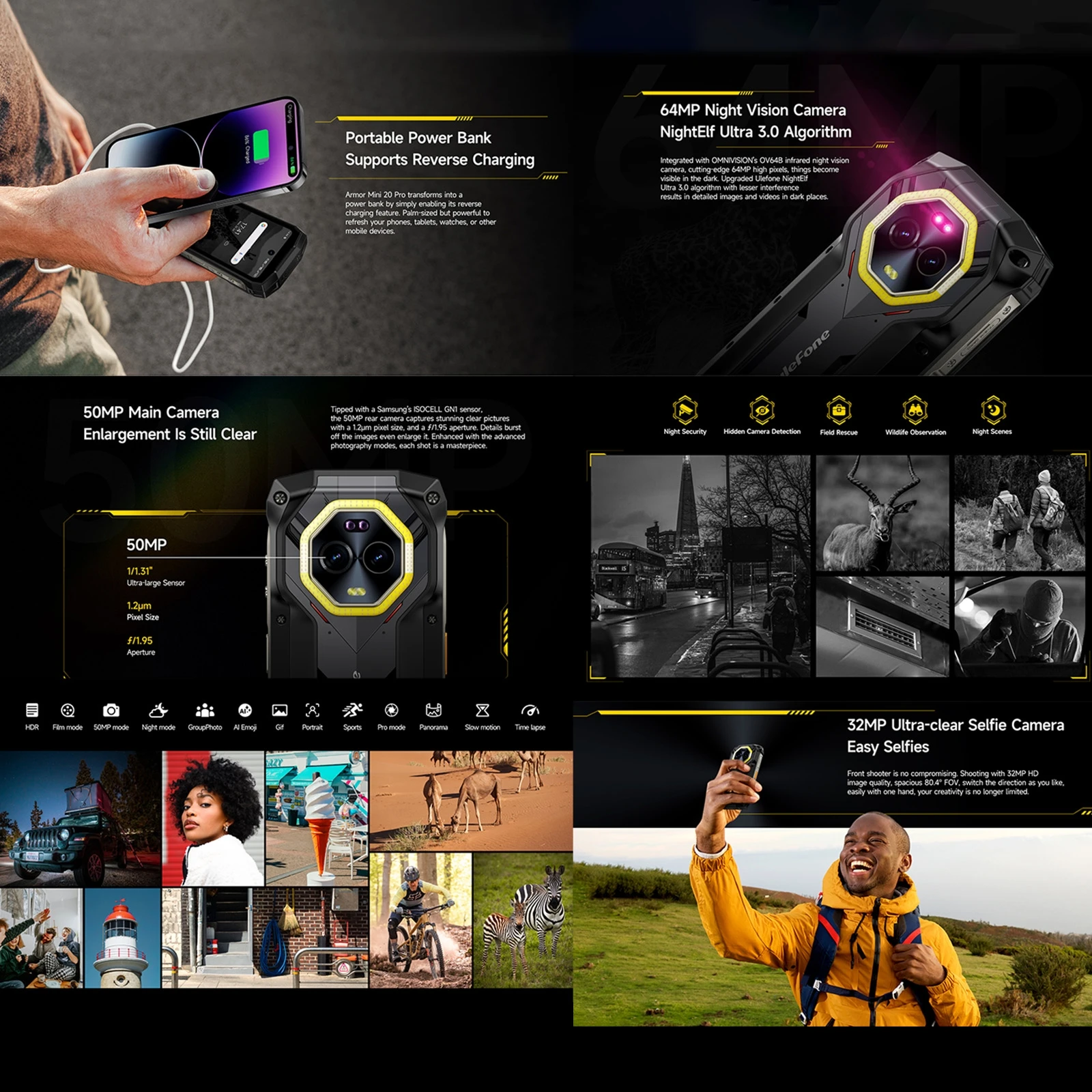 هاتف Ulefone Armor Mini 20 Pro متين 8GB + 256GB 4.7 بوصة أندرويد 14 MTk الأبعاد 6300 5G NFC 6200mAh 33W 50MP هاتف ذكي