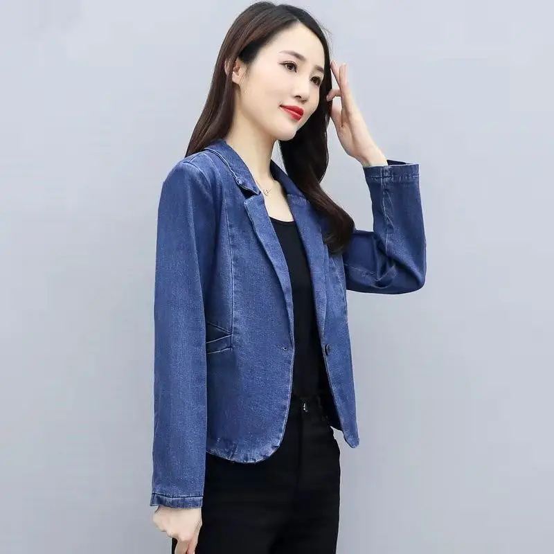 Spring Short Style Blue Denim Blazer Ladies Long-sleeved One Button Jeans Blazer Jackets For Women