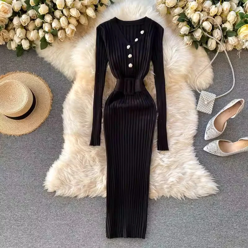 YuooMuoo2024 outono inverno feminino vestido de malha com nervuras elegante com decote em v botões bodycon camisola vestido com cinto senhora escritório vestido
