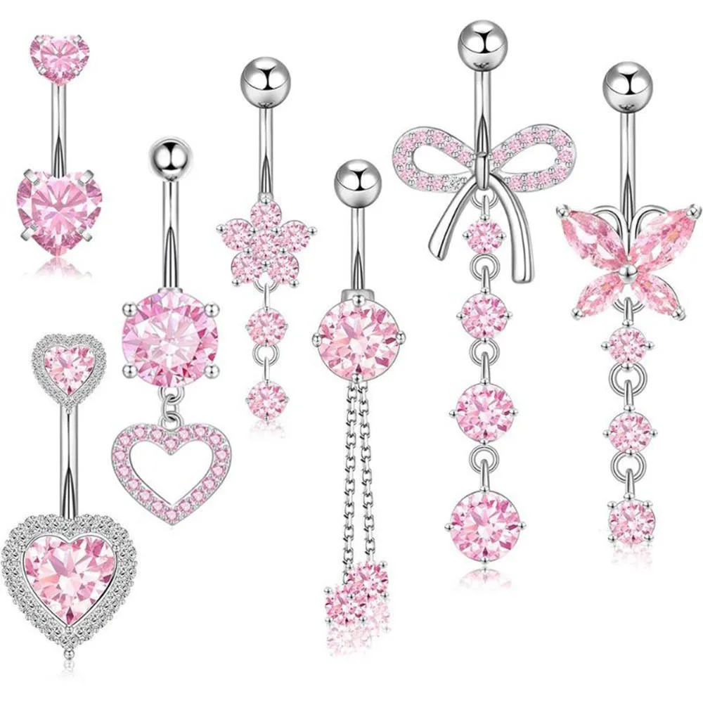 Gemischte Bauchnabelpiercing-Sets aus Edelstahl mit Blumen- und Schmetterlingsmotiven, gebogene Bauchnabelringe, 7 Stück/Set, Herz-Bauchnabelring-Packung – Detail 10