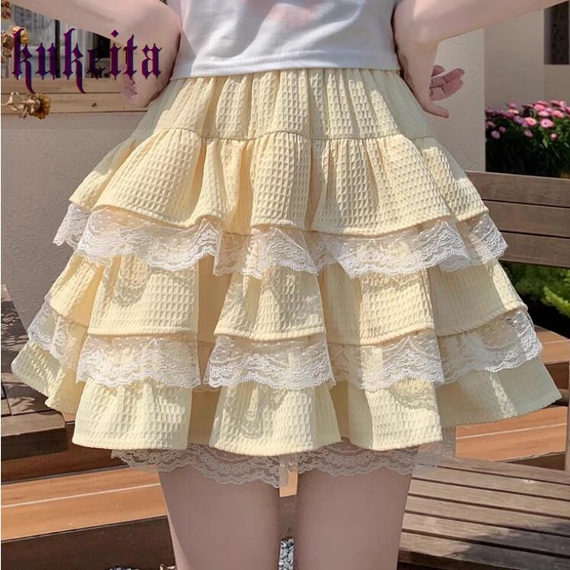 Mini saia kawaii estilo lolita feminina, elástico na cintura, babados com renda, plissados, doce menina, verão, Harajuku, Y2k, bolo, japonês