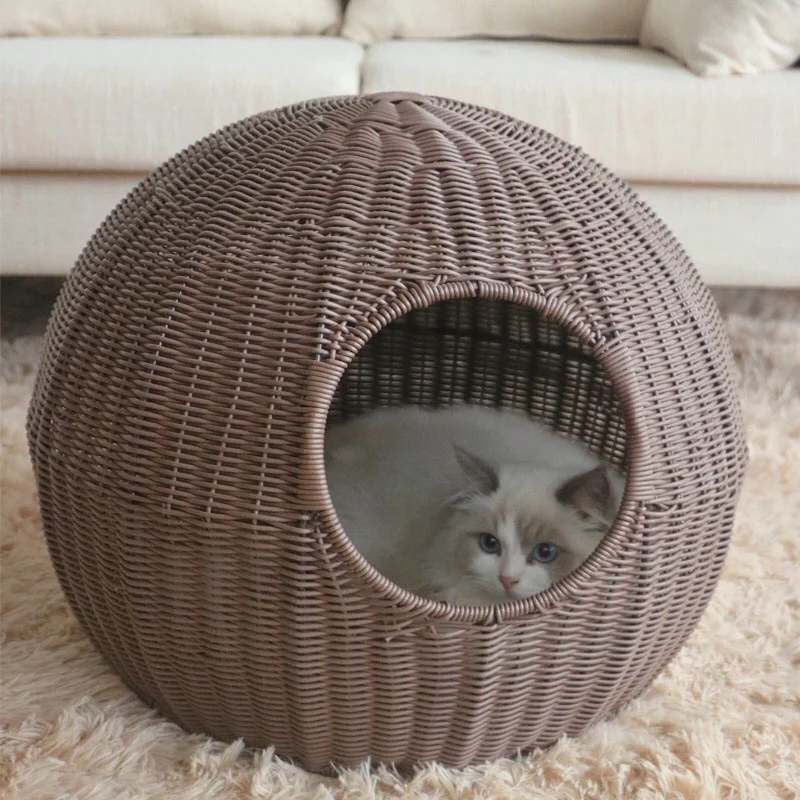 Durable Pet Bed Hand Weave Round Rattan Cat Beds Breathable Mat Washable rattan pet nest