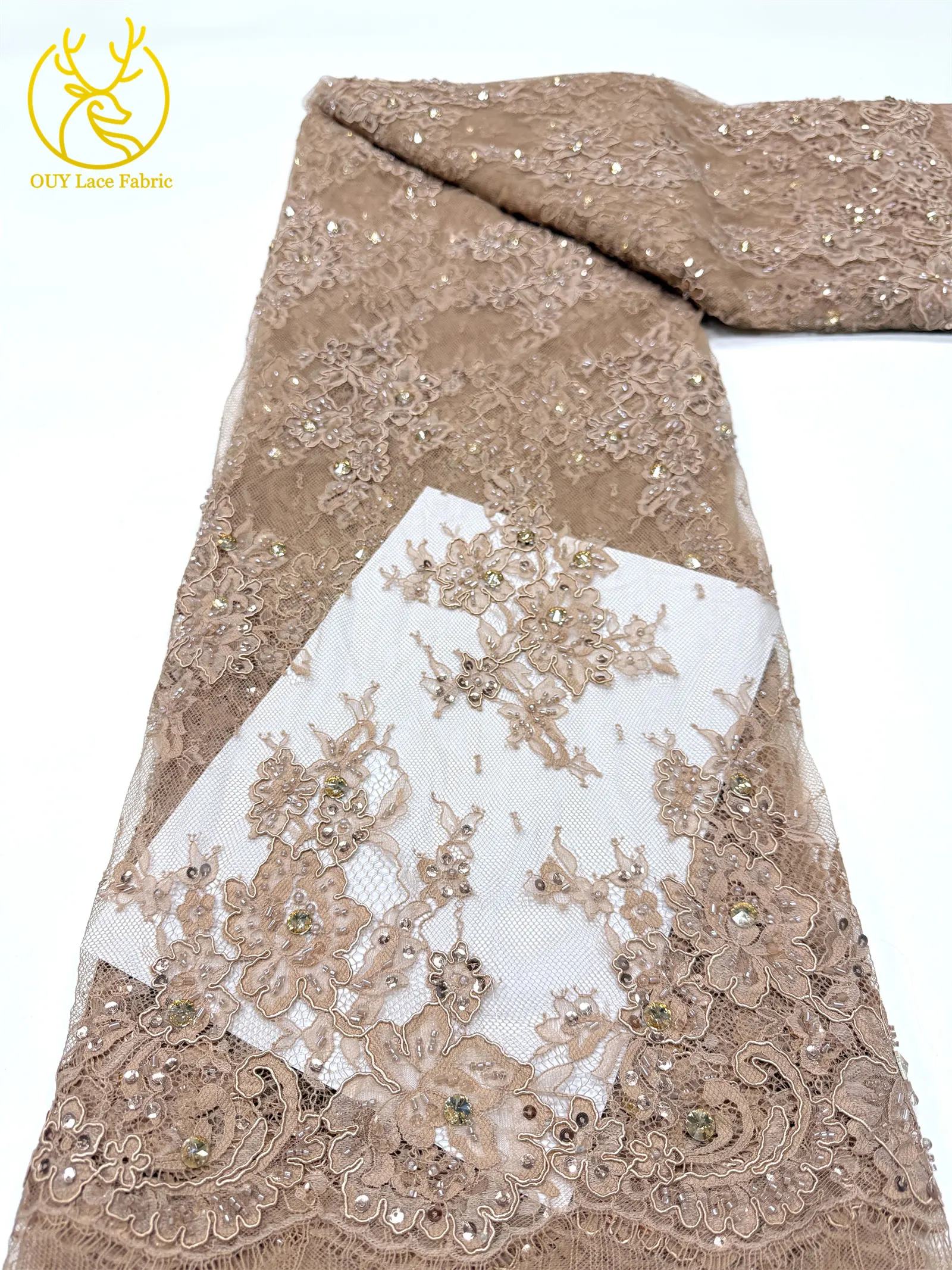 Afrikanische Diamant-Spitzenstickerei mit Pailletten, 3 Meter Marineblauer Französischer Perlen-Tüllstoff für Nigerianische Partykleider – Detail 10