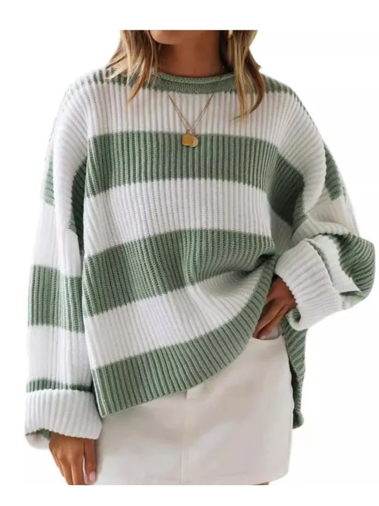 

2024 New Fashion Women Fall Winter Sweater Y2k Stripe Cable Knit Round-Neck Long Sleeve Loose Casual Thick Cozy Knitwear Tops