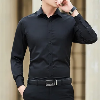New Plus Size Men Solid Color Business Shirt Fashion Classic Basic Casual Slim White Long Sleeve Shirt Brand Clothes 3