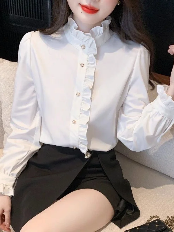 

Elegant Stand Collar Shirt Women's Fashionable White Shirt Charming Base Layer Top Spring Autumn New Style French Style Slim Fit