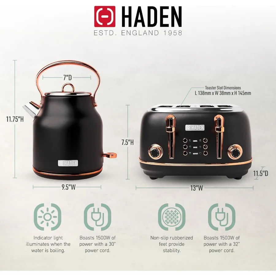 محمصة خبز من الفولاذ المقاوم للصدأ ذات فتحة واسعة مكونة من 4 شرائح مع غلاية مياه كهربائية من الفولاذ المقاوم للصدأ سعة 1.7 لتر من النحاس الأسود #3