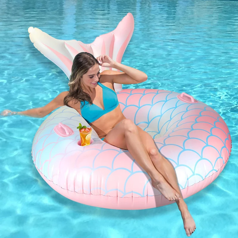 Inflatable Mermaid Pool Floaties Chair Lounger for Adults Swimming Pool Float Air Sofa Floating Chair with Cup Holder Backrest