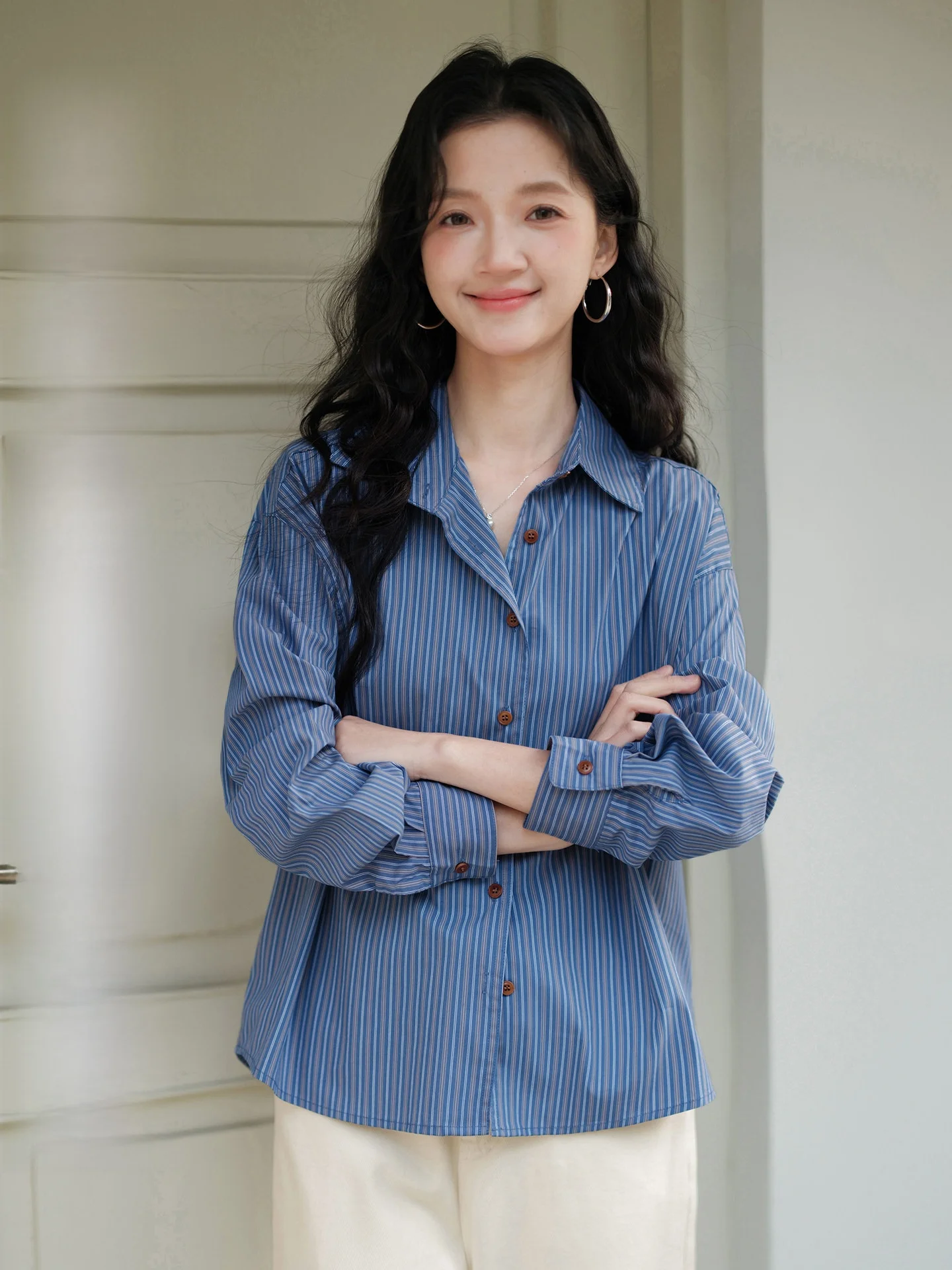 

New Arrival Women's Blue Striped Long Sve irt Korean Sle Vintage Spring Inner Wear Base Top Two-Piece Set Cotton Blend