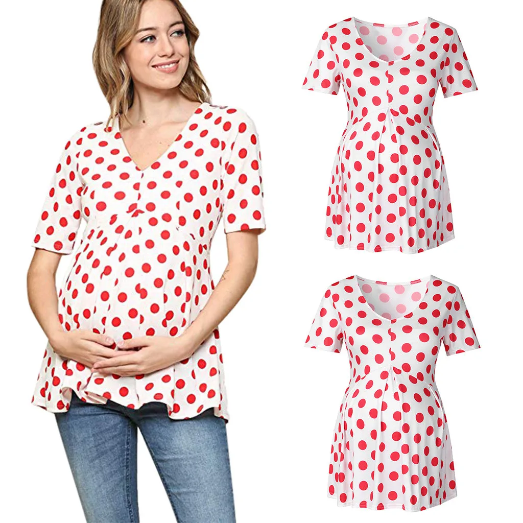 Summer Dress Polka Dot Printed Loose Fashion Short Sleeve Maternity Dresses New Maternity One-Piece Dress Nursing For Women