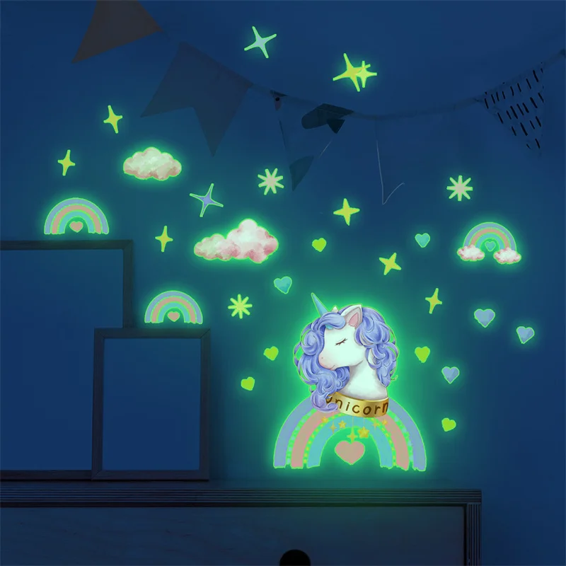 Rainbow Phosphorescent Sticker Girl Bedroom Unicorn Rainbow Glow In The Dark Stars Stickers Unicorn Fluorescent Ceiling Sticker