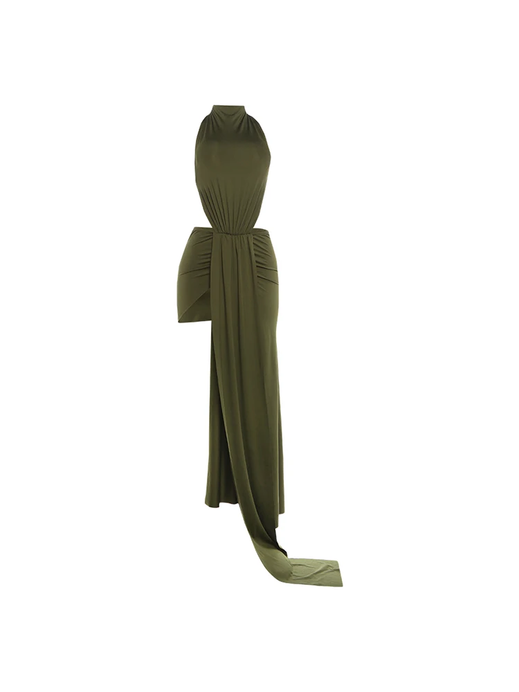 Kliou Seitlich Ausgeschnittenes Kleid Damen Bandage Neckholder Rückenfreies Ärmelloses Kleid mit Unregelmäßigen Hohentrennungen Elegantes Langes Bodycon-Kleid für den Urlaub – Detail 2