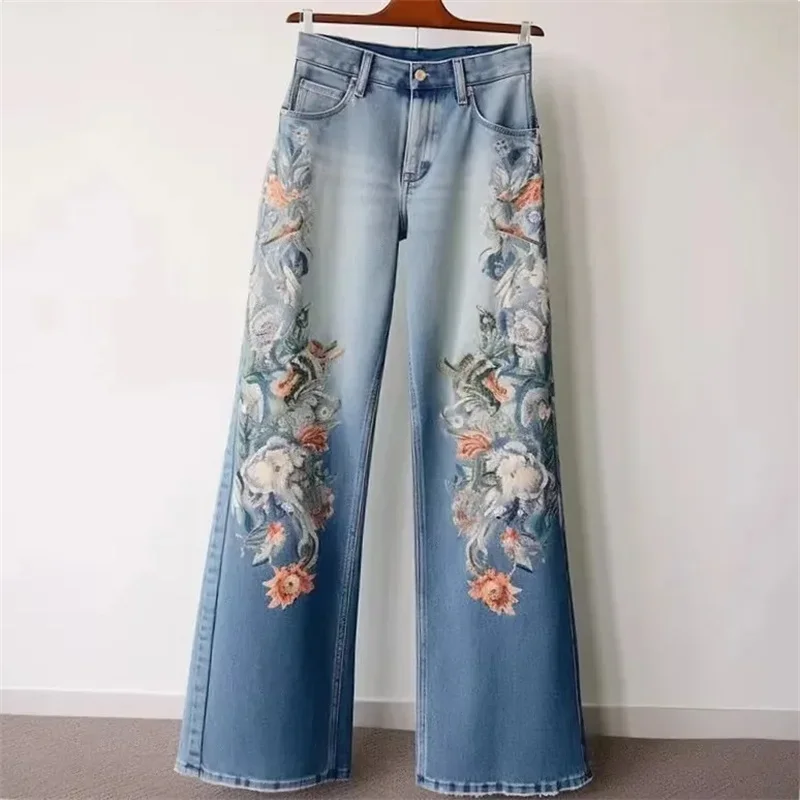 

Embroidery Retro Denim Wide-Leg Pants Women's 2024 Spring and Autumn New High Waist Loose Temperament Design Straight Jeans A528