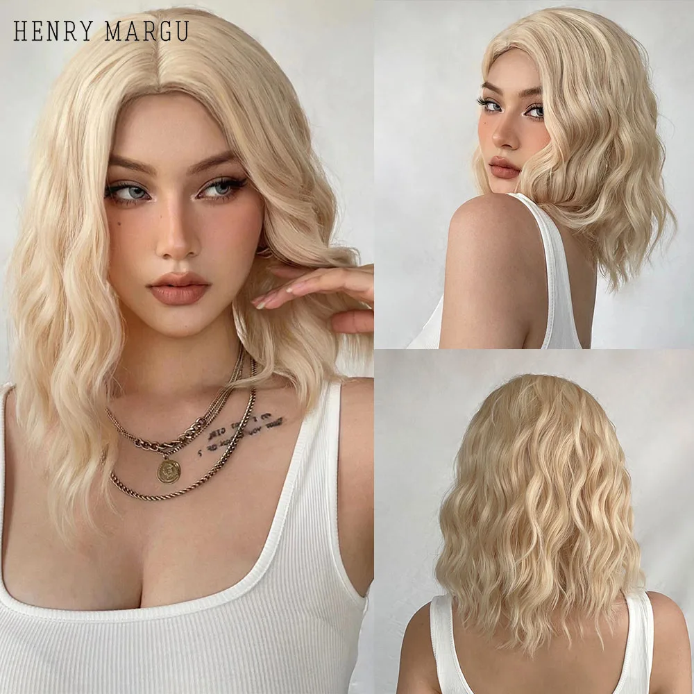 

HENRY MARGU Bob Wavy Blonde Synthetic Wigs for Women Platinum Daily Natural Hair Wigs Middle Part Cosplay Wigs Heat Resistant