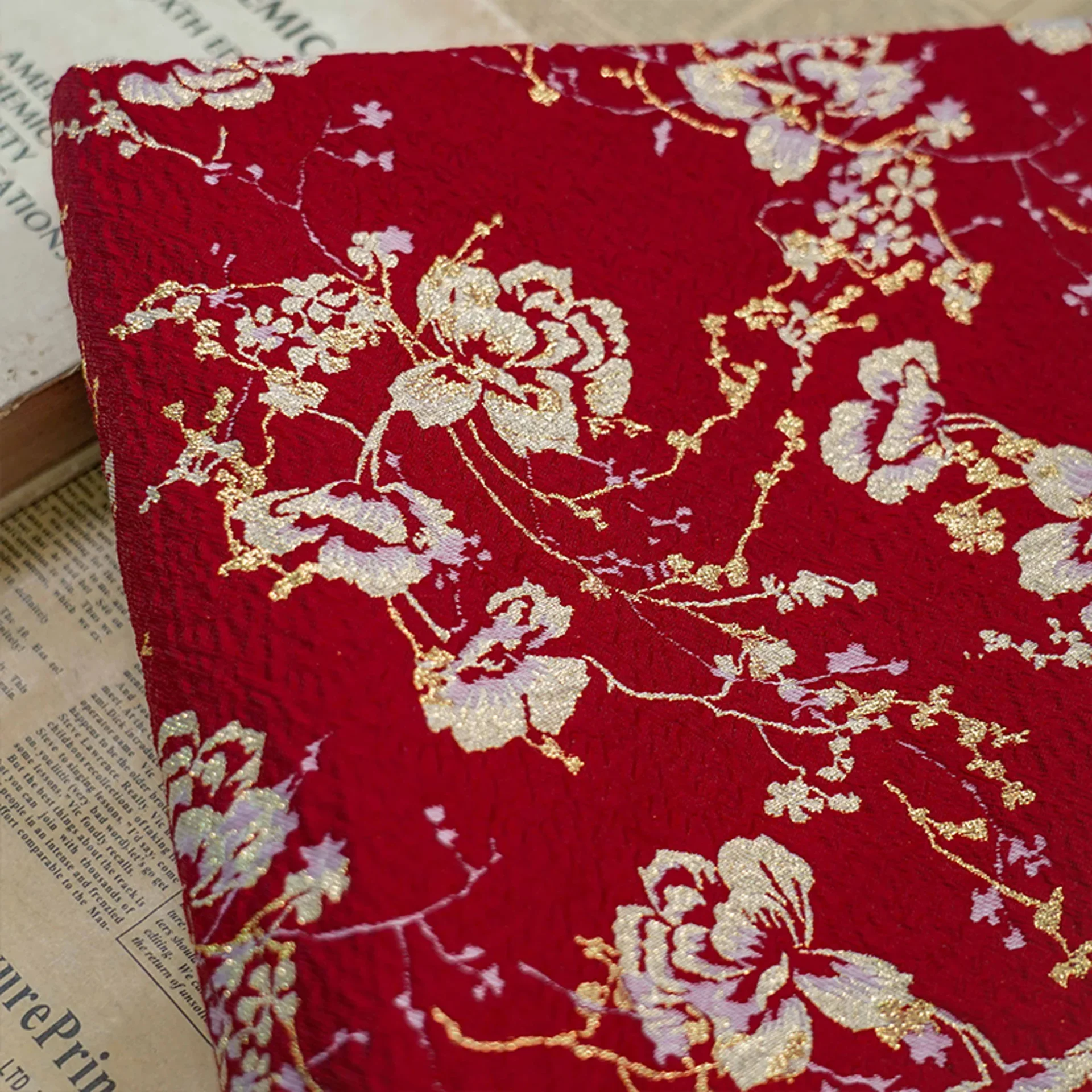 Gold Silk Flower Relief Jacquard Fabric Bright Red Dress Skirt Vest Decorative Sewing Fabric