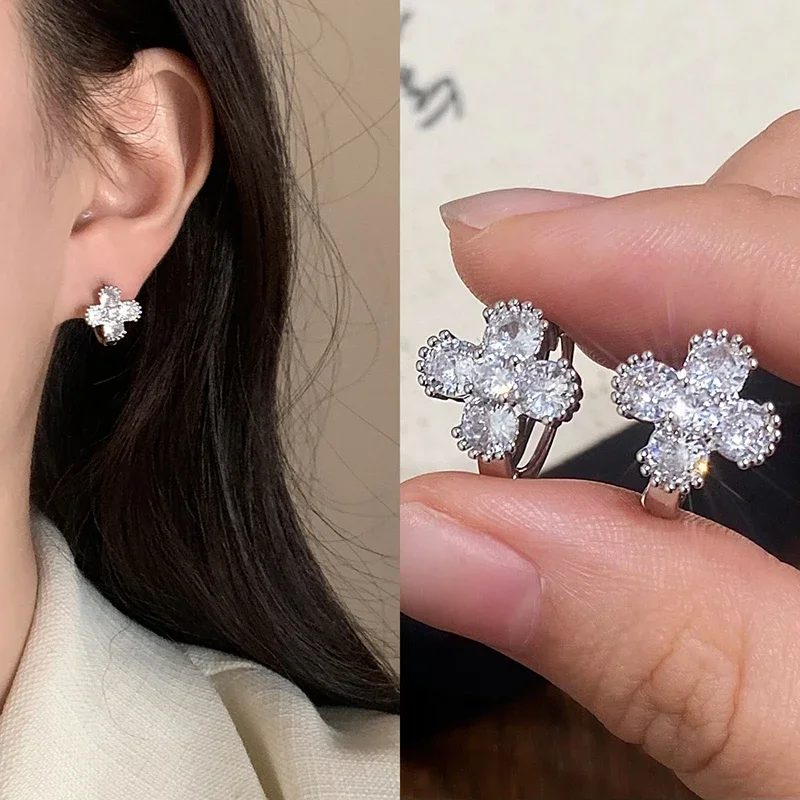 Pendientes de aro de flor de trébol de circón de oro de 14K para mujer, Plata de Ley 925 auténtica, joyería fina bonita, accesorios de plantas minimalistas