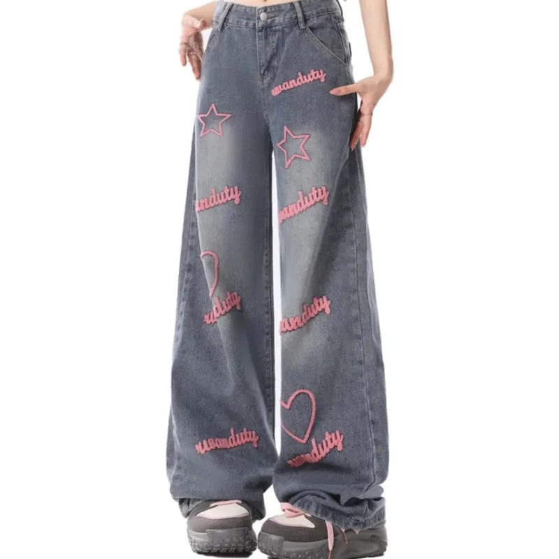 

Jeans Women 2023 Fashion High Street Straight Y2k Autumn Clothes Barrel Design Pink Stars Embroider Waist Loose Wide Leg Pants