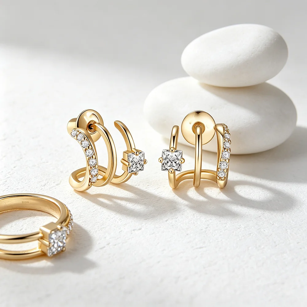 VOBIPY Triple Huggie Illusion Hoop Earrings 18K Gold Plated Stainless One Hole Claw Ear Cuff Earring For Women Jewelry Gift