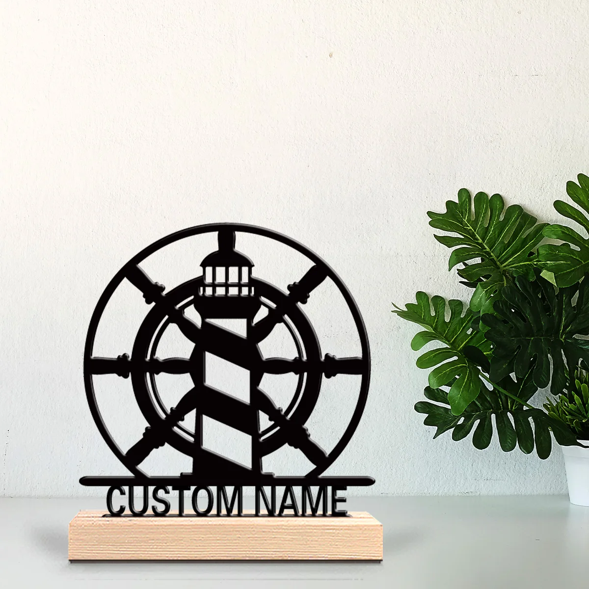 1pc Thriller Personalized Custom Lighthouse Metal Statues Wooden Base Bar Decor for Kitchen, Dining Room, Modern Rustic Themes