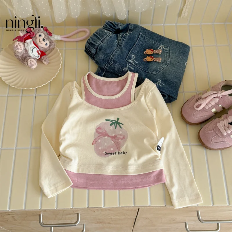 

Custom Processing Baby Girl Fake Two-Piece Long SleevetT-shirt Autumn2025New Trendy Baby and Children's Fashionable Tops