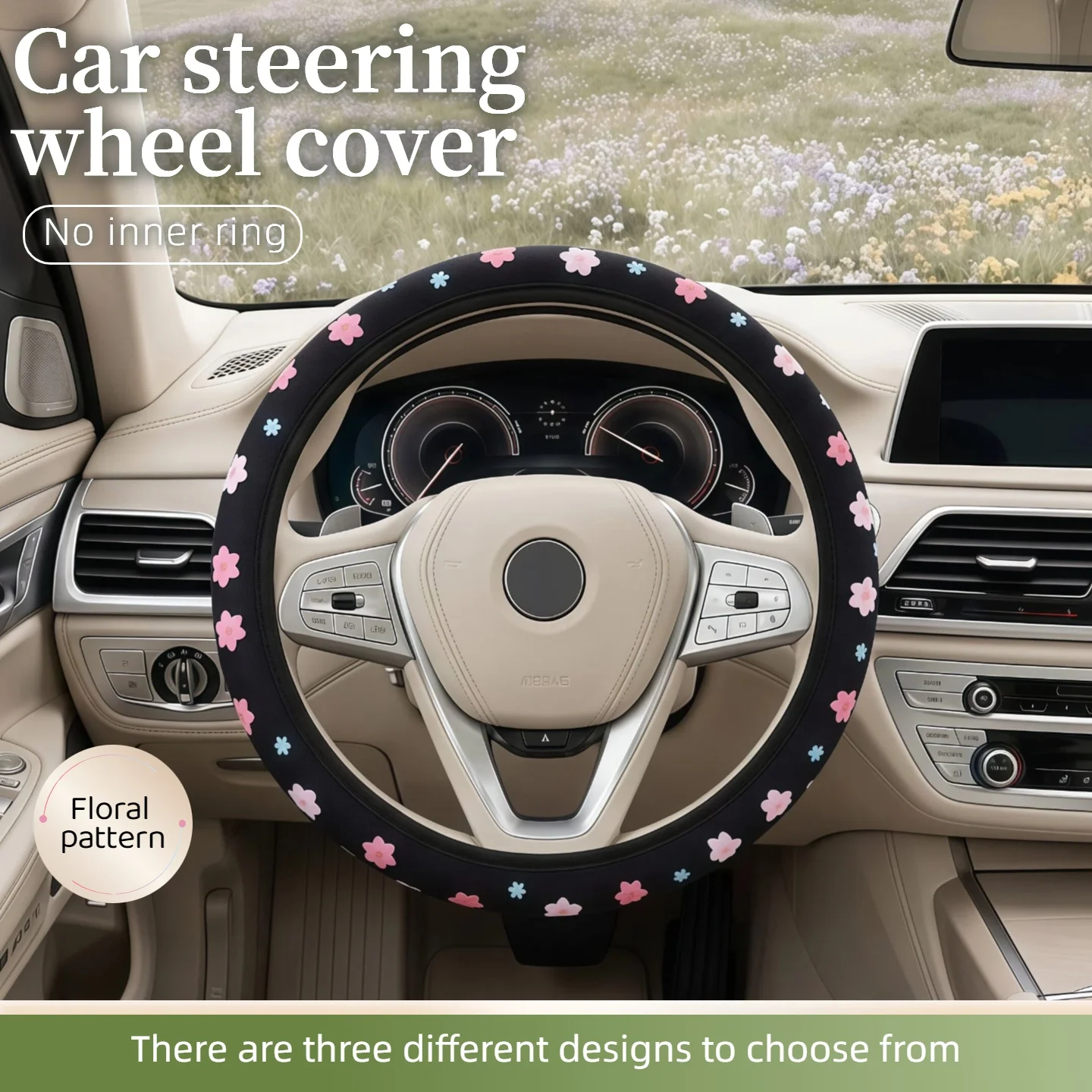 1 Stück Niedlicher Blumenmuster-Lenkradbezug ohne Innenring-Design, Einfach zu Installieren und zu Reinigen, Auto-Innenausstattung – Detail 3