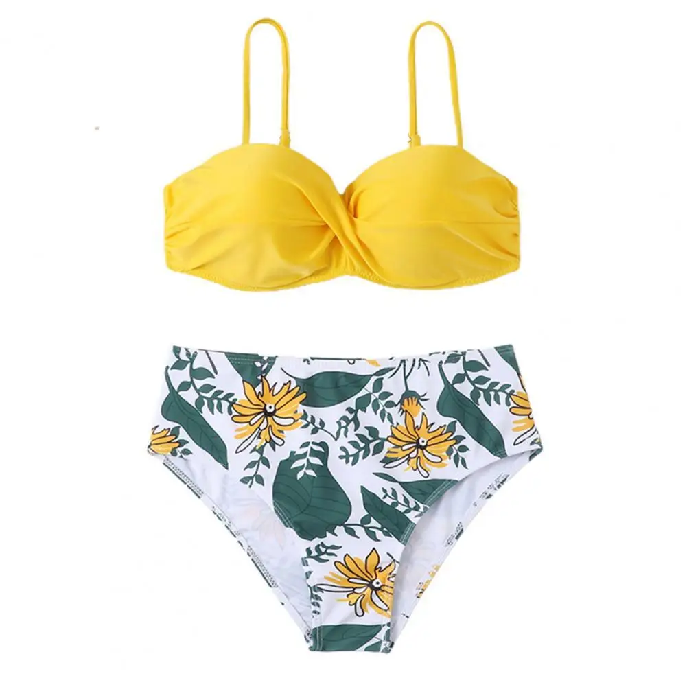 Two-Piece Swimsuit Women Underwire Padded Push-Up Split Bikini Solid Color Bra Floral Print High Waist Bottoms Swimsuit