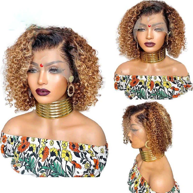 

Glueless Soft Ombre Brown Honey Blonde Kinky Curly Short Bob Preplucked BabyHair Lace Front Wig For Black Women 180Density Daily