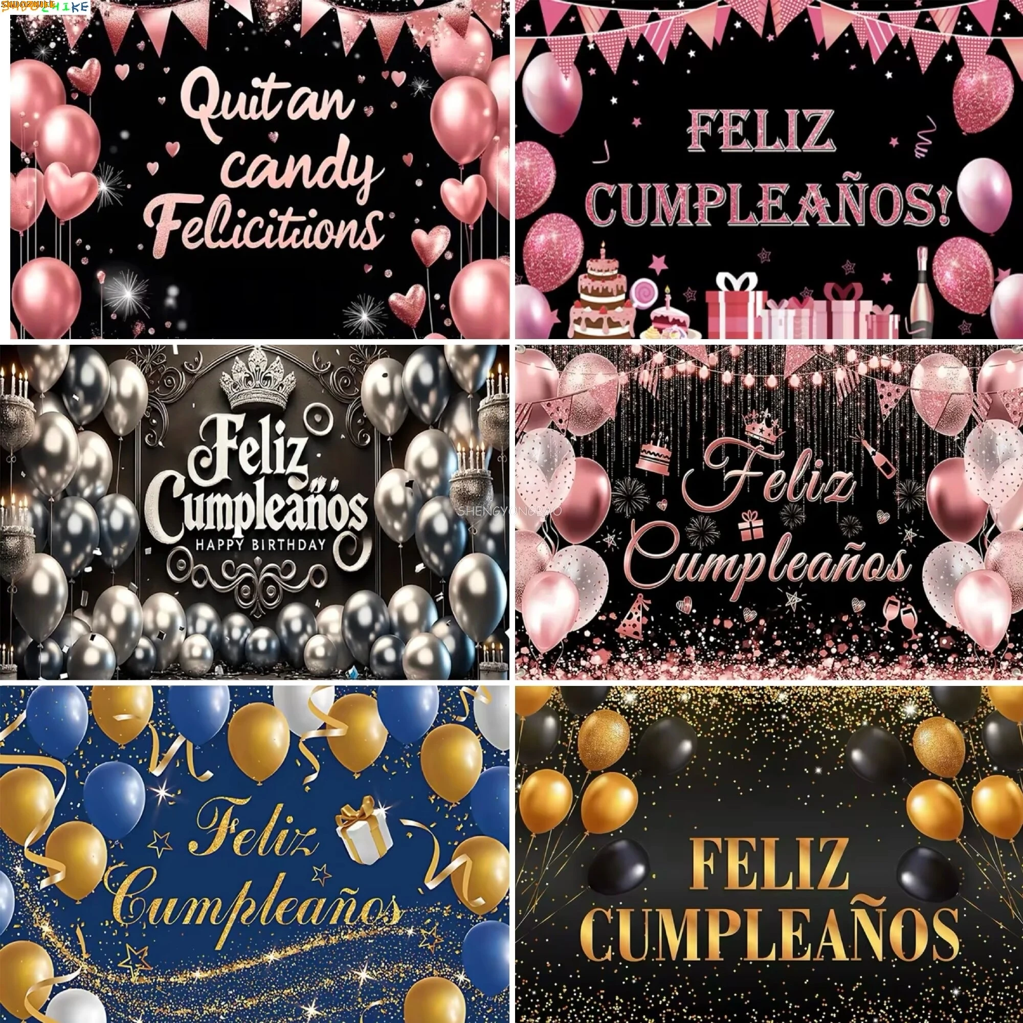 

Feliz Cumpleaños Spanish Birthday Photography Backdrops Pink Gold Sparkling Balloon Party Deco Photo Studio Background CA-01