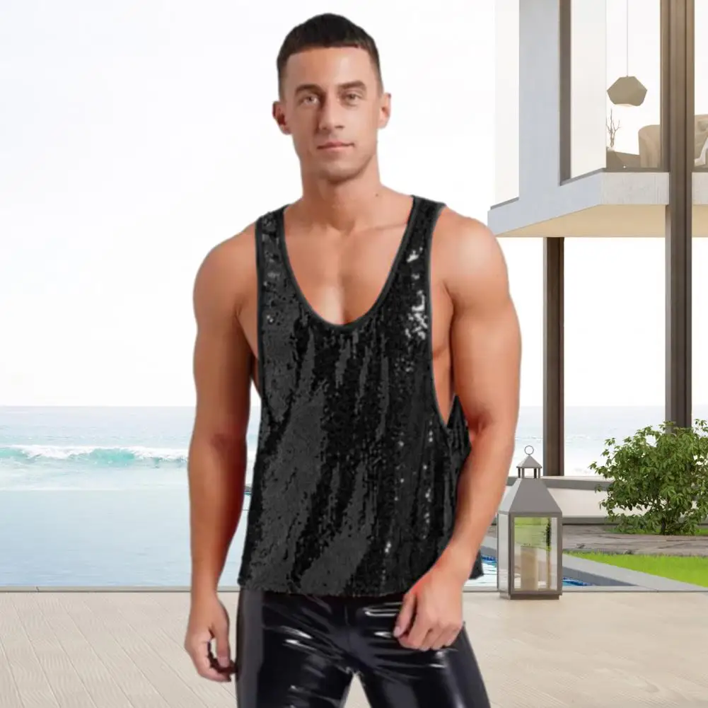 Sequin Embellished Men Vest Street Style Men Vest O-Neck Sleeveless Tank Tops Quick-Dry Versatile Dressy Formal Vest Casual Wear