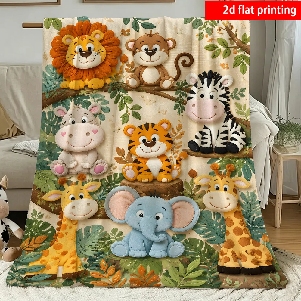 Cute Jungle Animal Print Throw Blanket for Kids Nursery Decor Plush Lion Tiger Elephant Giraffe