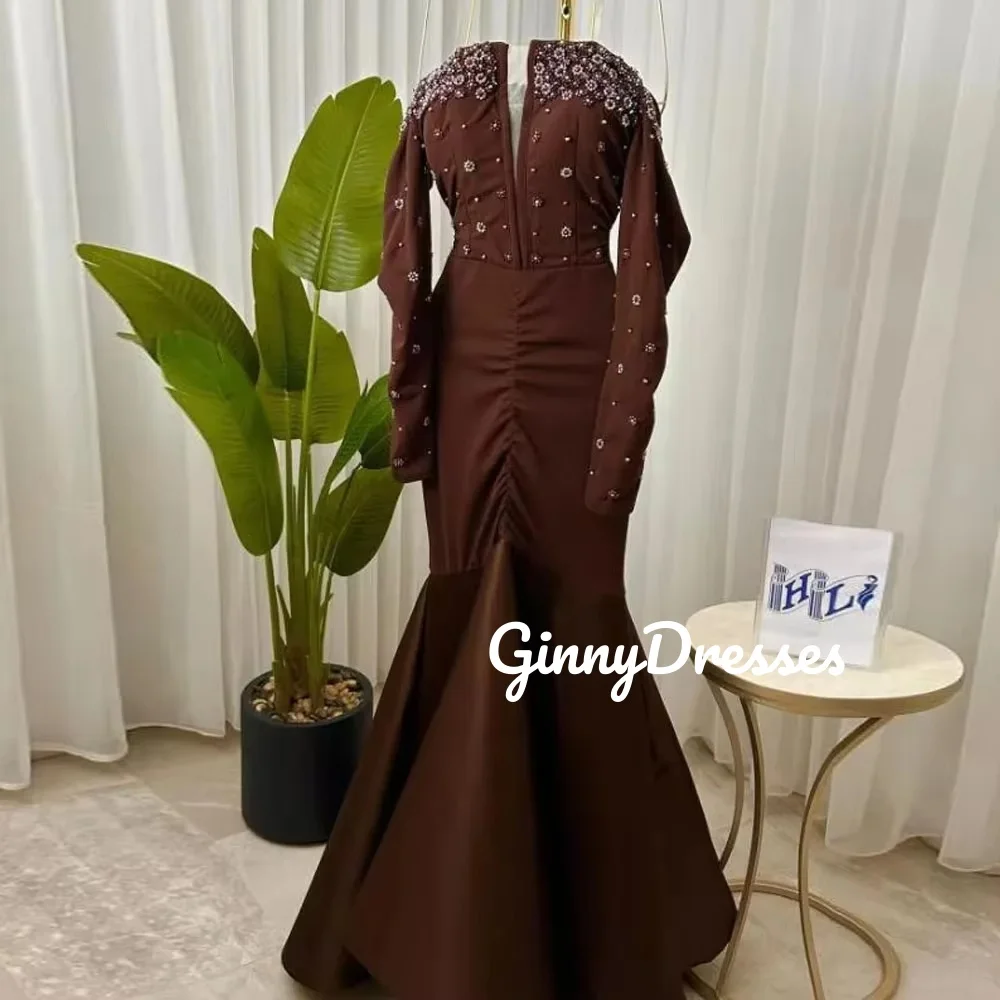 マーメイド カスタマイズ ビーズ装飾 イブニングドレス オフショルダー フロアレングスドレス 特別なイベント用 長袖 ジッパーアップ ベスティド