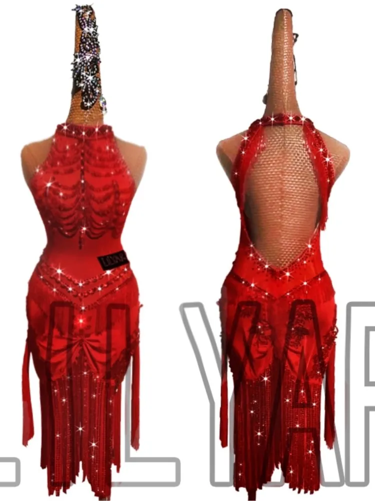 New Summer Performance Dress Competition Red Sleeveless Slim Fitting Sexy Dance Skirt