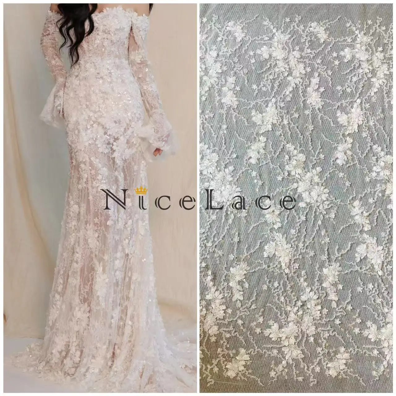 

1 ярд ткани цвета слоновой кости с 3D цветами и бисером, кружевная ткань с мягким тюлем для свадебных платьев и нарядов невесты