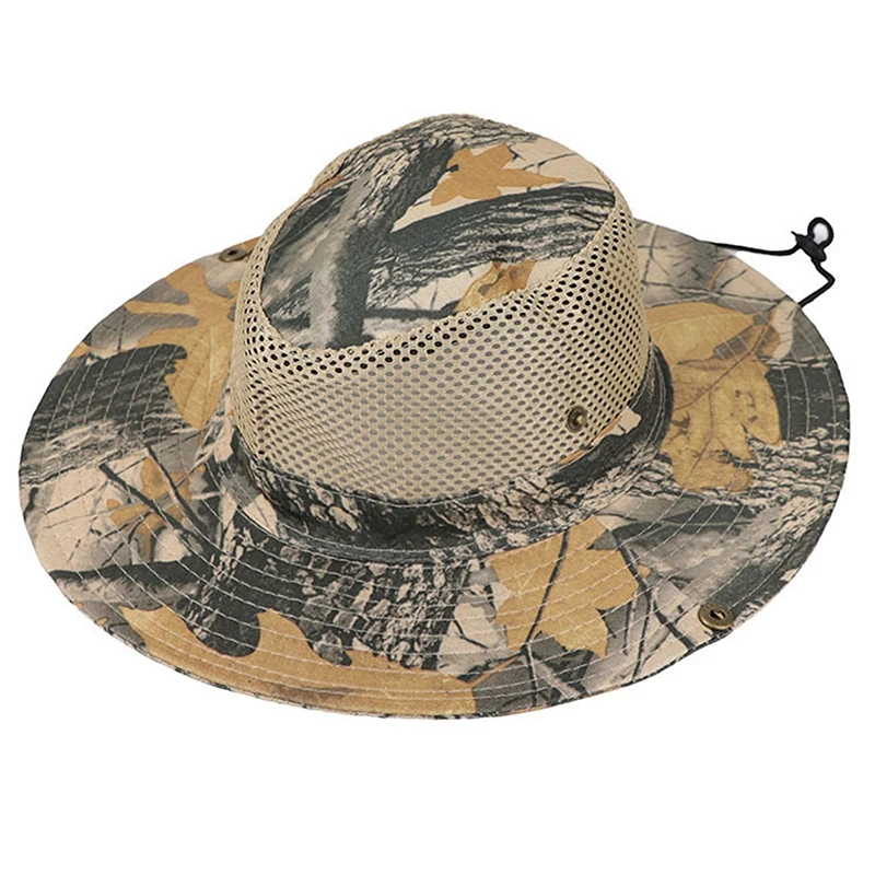 Summer Breathable Mesh Camouflage Stitching Wide Brim Bucket Hats for Men Hunting Hiking Fishing Climbing Sun Hat