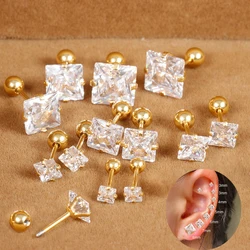 2PCS Stainless Steel Square Small Stud Earrings Women Geometry Shiny Zircon Helix Tragus Cartilage Piercing Earring Body Jewelry