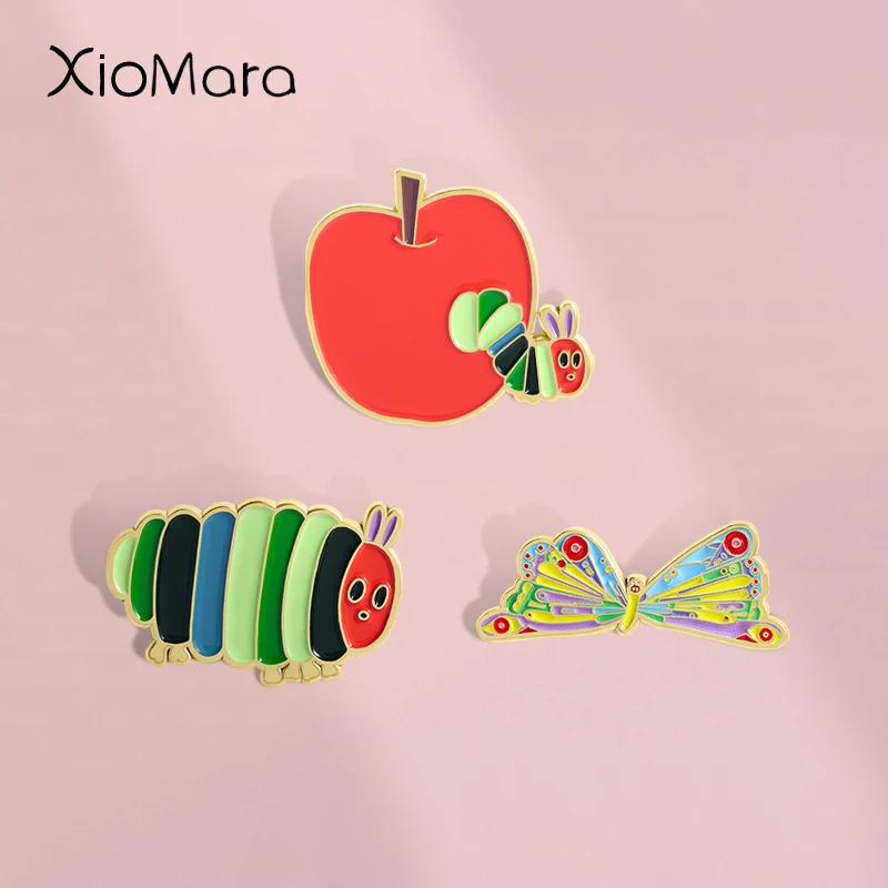 Apfel Schmetterling Raupe Emaille Pin Cartoon Animierte Kinder Buch Broschen Revers Rucksack Hemd Abzeichen Schmuck Geschenk Für Kind